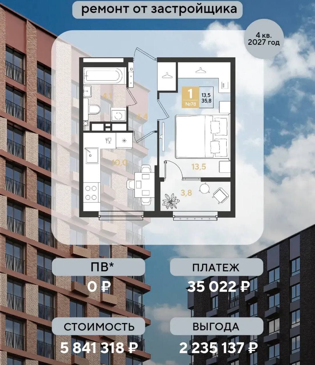 Первый взнос 0 ₽, платёж 35 022 ₽